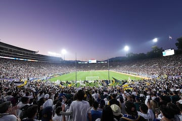 A general overall view of MLS record crowd of 82,110 during the game between the LA Galaxy and the LAFC at the Rose Bowl.